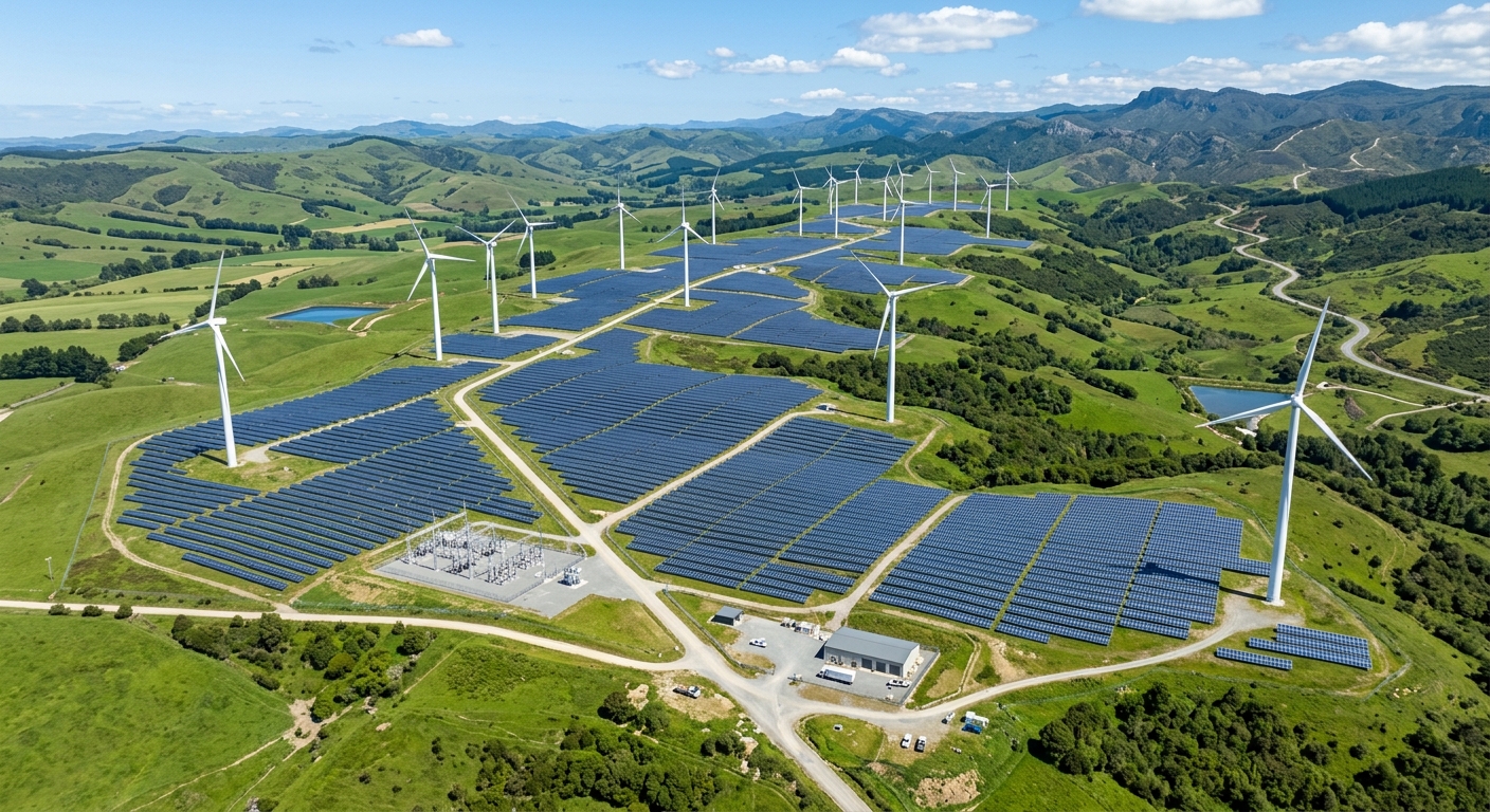 Solar panel farm with wind turbines